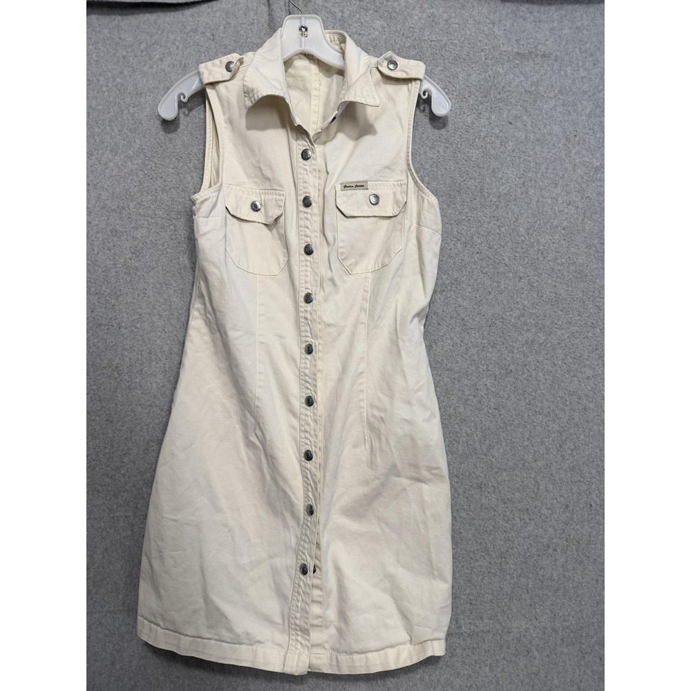Vintage Guess Jeans Dress Juniors 9 White Denim Sleeveless Shirt Button Mini